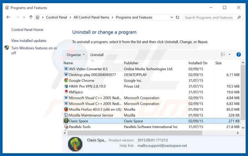 desinstalar o adware Oasis Space via Painel de Controlo