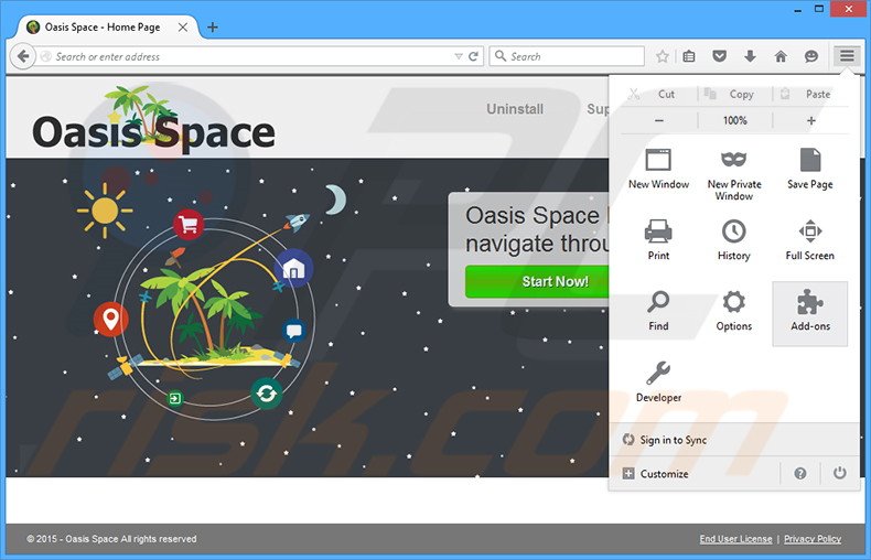 Removendo os anúncios Oasis Space do Mozilla Firefox passo 1