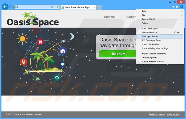 Removendo os anúncios Oasis Space do Internet Explorer passo 1