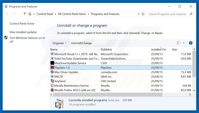 Desinstalar o adware playgem através do Painel de Controlo