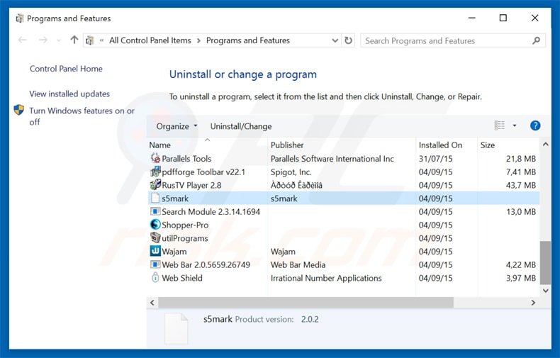 desinstalar o adware S5Mark via Painel de Controlo