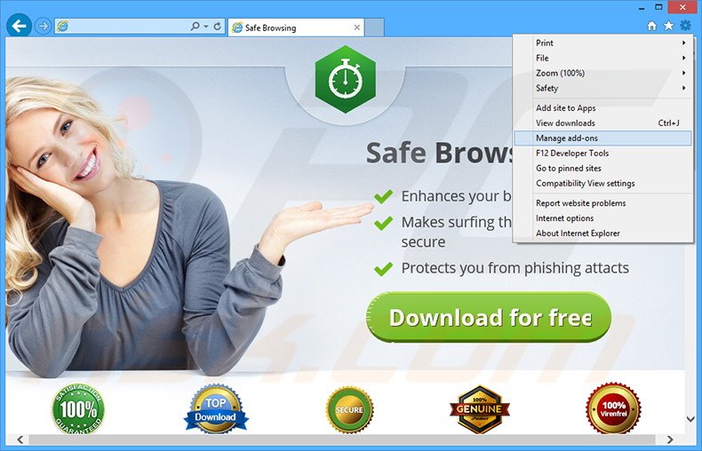 Removendo os anúncios Safe Browsing do Internet Explorer passo 1