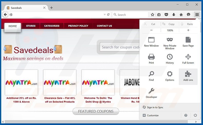 Removendo os anúncios SaveDeals do Mozilla Firefox passo 1