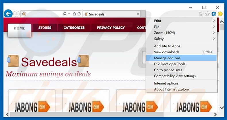 Removendo os anúncios SaveDeals do Internet Explorer passo 1