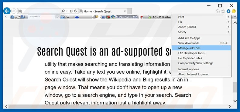 Removendo os anúncios SearchQuest do Internet Explorer passo 1