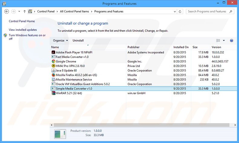 desinstalar o adware Simple Media Converter via Painel de Controlo