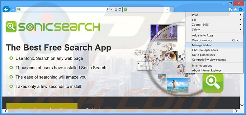 Removendo os anúncios Sonic Search  do Internet Explorer passo 1