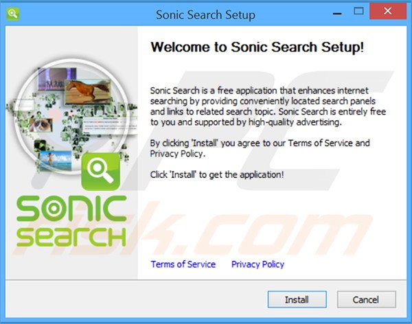 Configuração oficial de instação do adware Sonic Search 