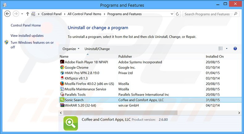 Desinstalar o adware Sonic Search  via Painel de Controlo