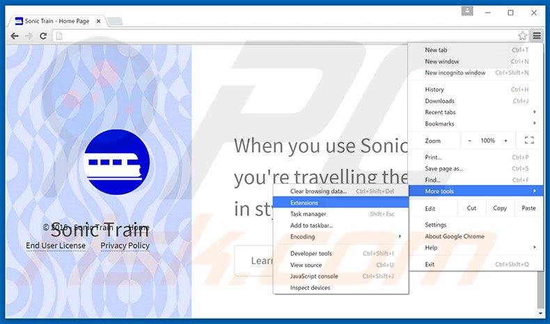Removendo os anúncios Sonic Train do Google Chrome passo 1