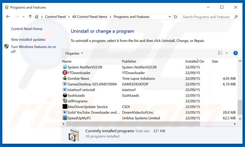 Desinstale o adware Sonic Train via Painel de Controlo