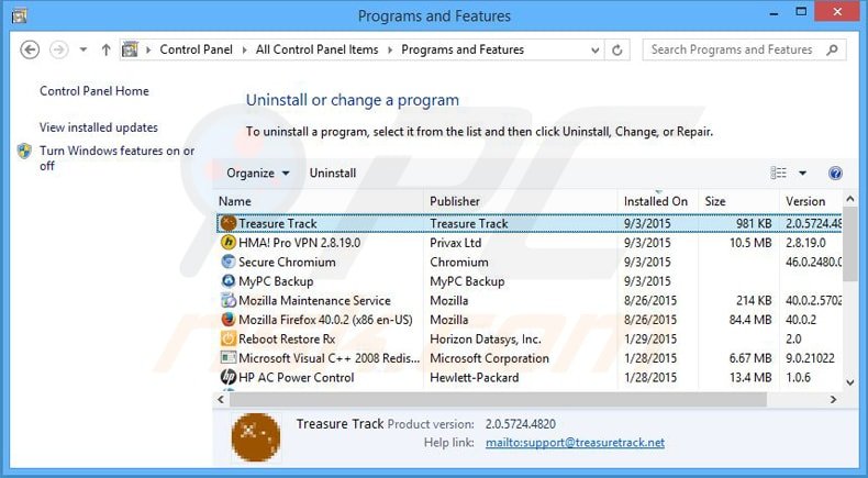 desinstalar o adware treasure track através do Painel de Controlo