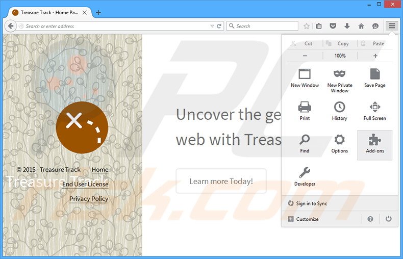 Removendo os 'Anúncios por Treasure Track' do Mozilla Firefox passo 1