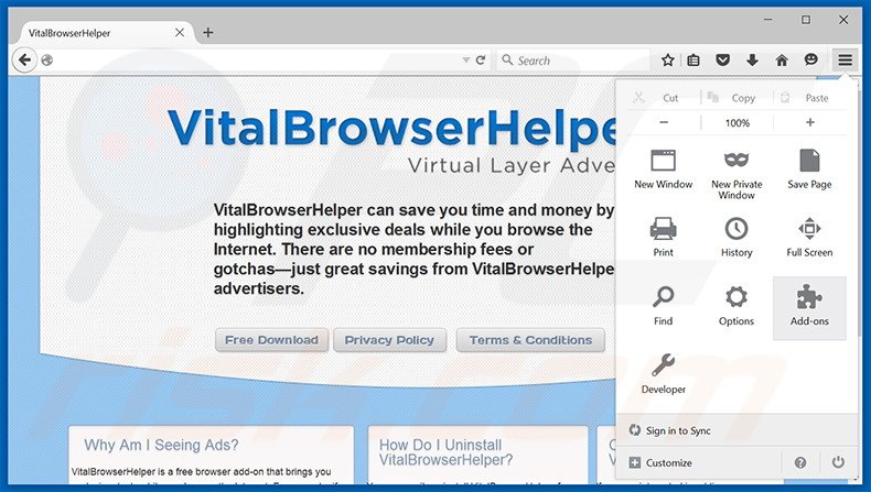 Removendo os anúncios Vital Browser Helper do Mozilla Firefox passo 1