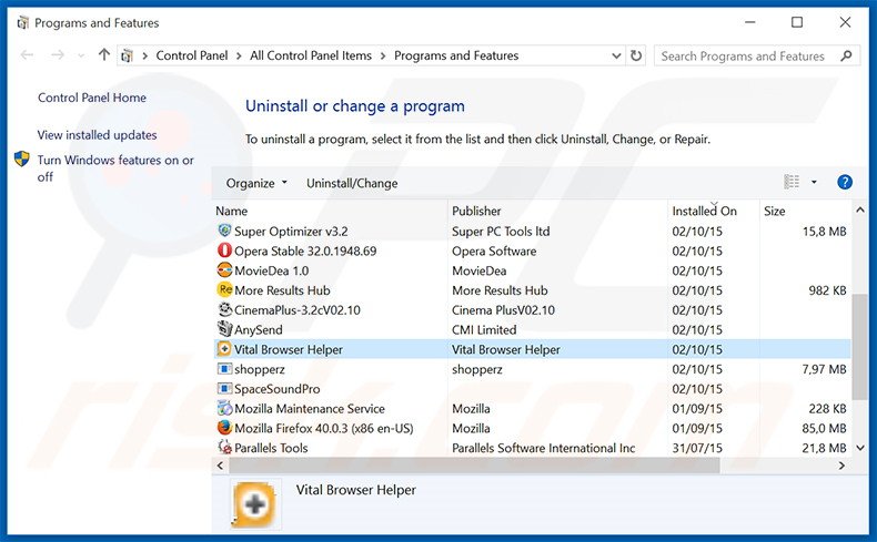 desinstalar o adware Vital Browser Helper através do Painel de Controlo