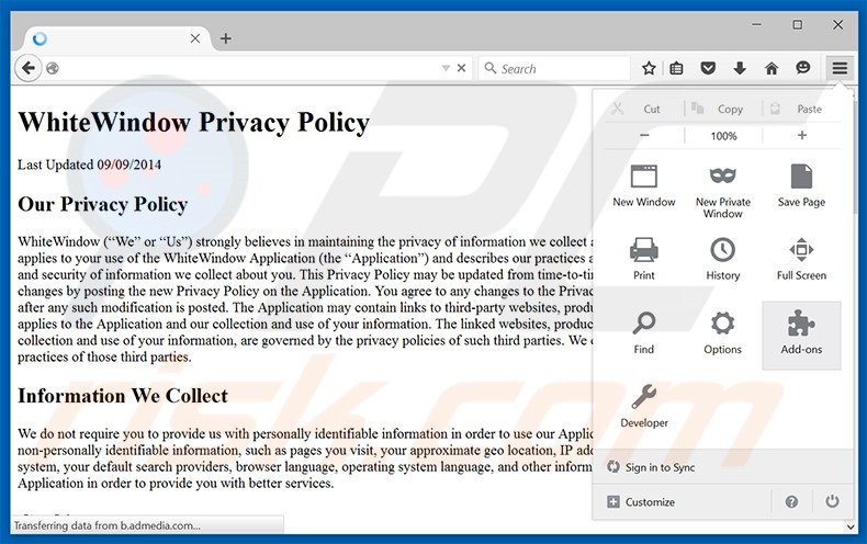Removendo os anúncios WhiteWindow do Mozilla Firefox passo 1
