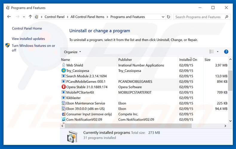 desinstalar o adware WhiteWindow via Painel de Controlo