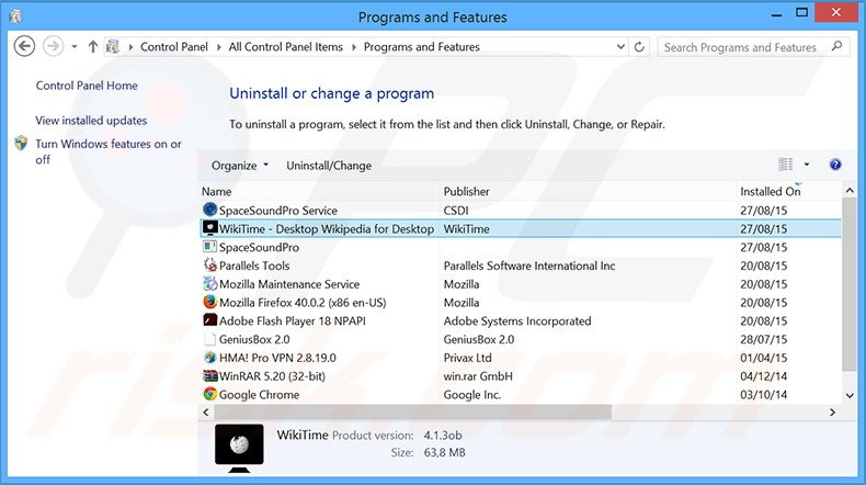 Desinstalar o adware WikiTime via Painel de Controlo