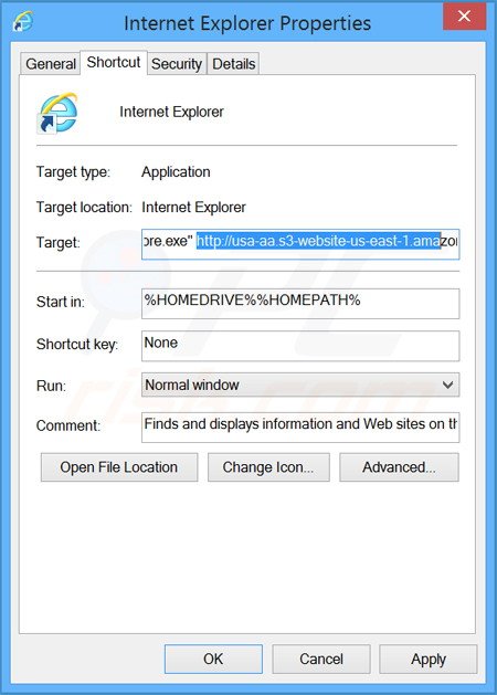 Remover o www-search.info do atalho do Internet Explorer passo 2
