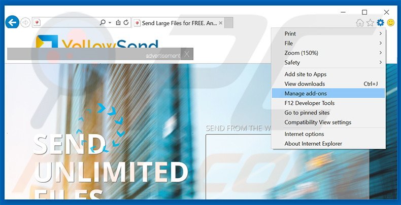 Removendo os anúncios YellowSend do Internet Explorer passo 1