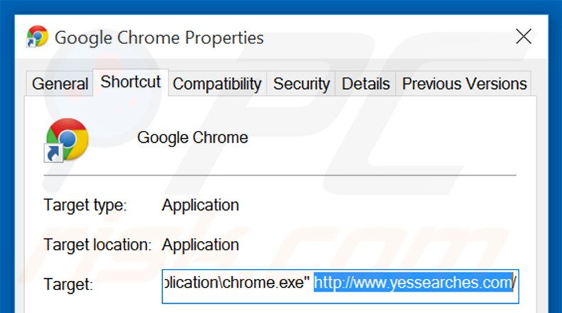 Removendo yessearches.com do atalho do Google Chrome passo 2