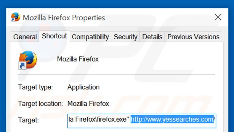 Removing yessearches.com from Mozilla Firefox shortcut target step 2