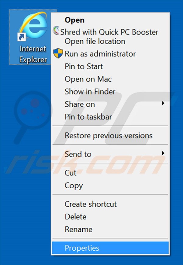 Removendo yessearches.com do atalho do Internet Explorer passo 1