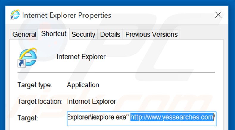 Removendo yessearches.com do atalho do Internet Explorer passo 2