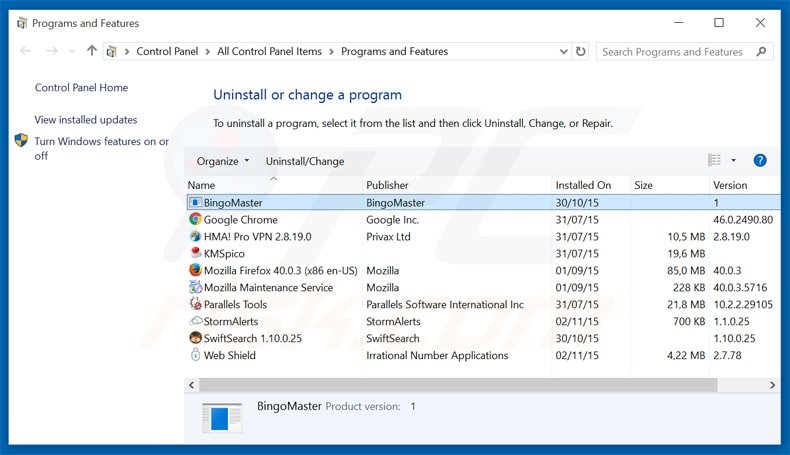 desinstalar o adware Bingo Master via Painel de Controlo
