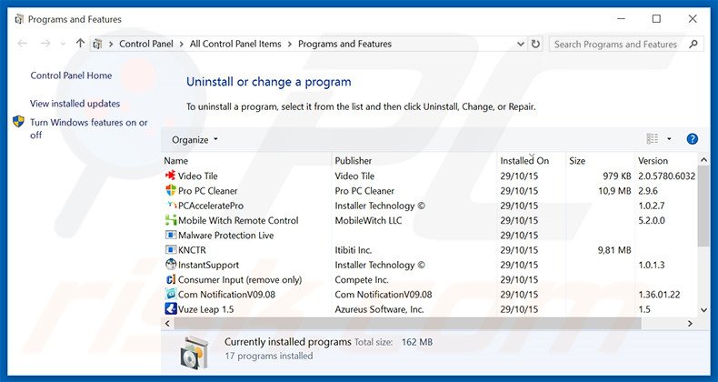 Desinstalar o adware Candle Jar via Painel de Controlo