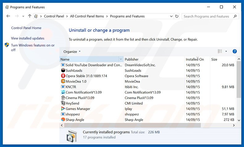 desinstalar o adware CashBack via Painel de Controlo