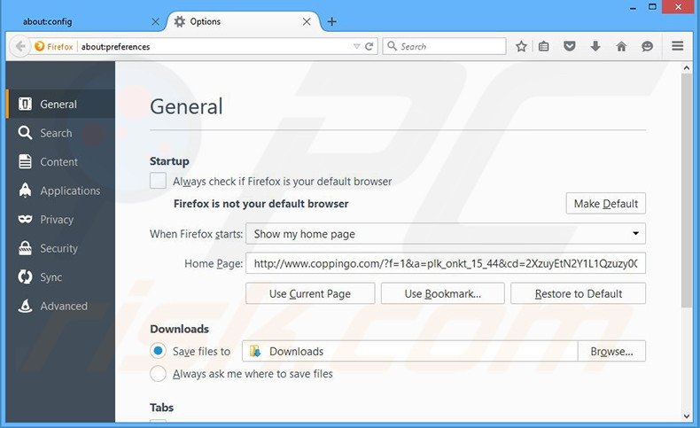 Removendo a página inicial coppingo.com do Mozilla Firefox