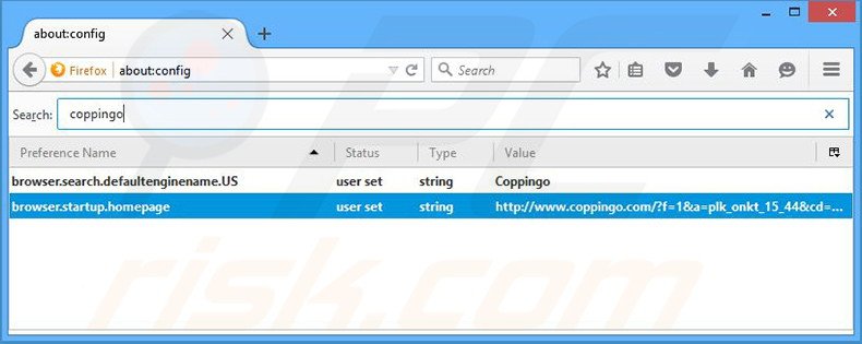 Removendo a página inicial coppingo.com e motor de busca padrão do Mozilla Firefox