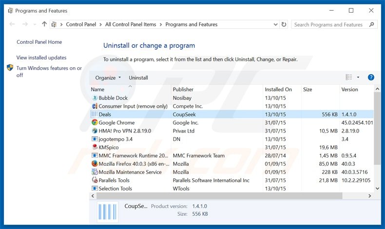 desinstalar o adware coupseek via Painel de Controlo