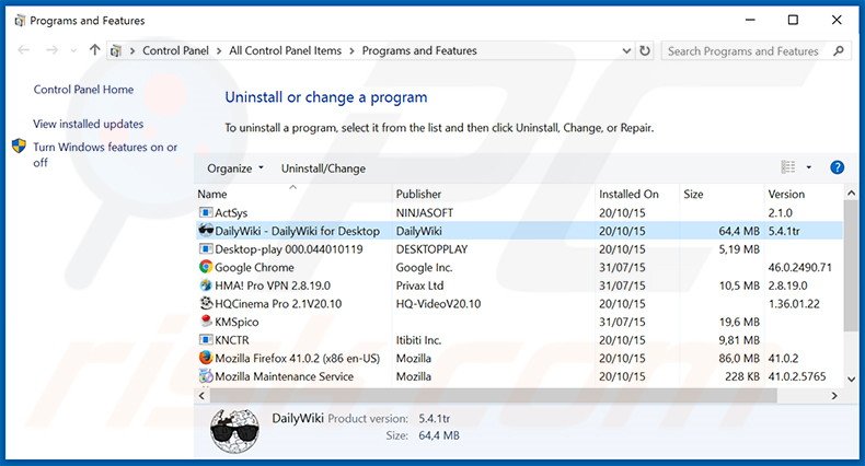 desinstalar o adware DailyWiki via Painel de Controlo