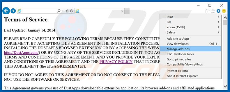 Removendo os anúncios DustApps do Internet Explorer passo 1
