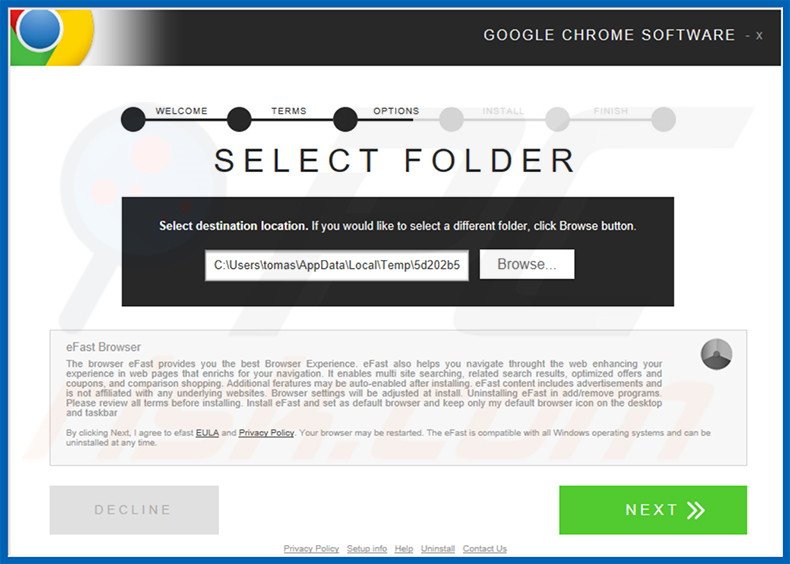 Adware eFast Browser a distribuir o instalador fraudulento