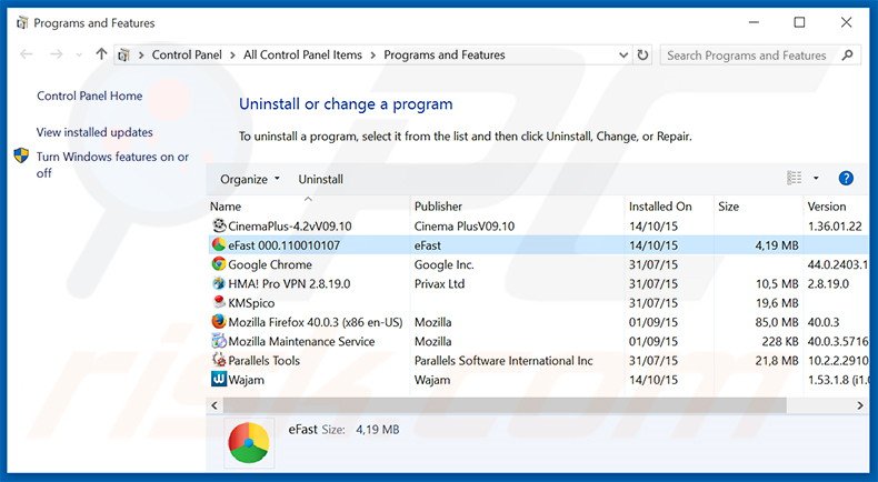 desinstalar o adware eFast Browser através do Painel de Controlo