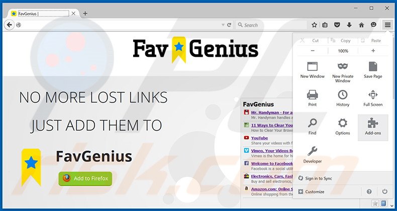 Removendo os anúncios FavGenius do Mozilla Firefox passo 1