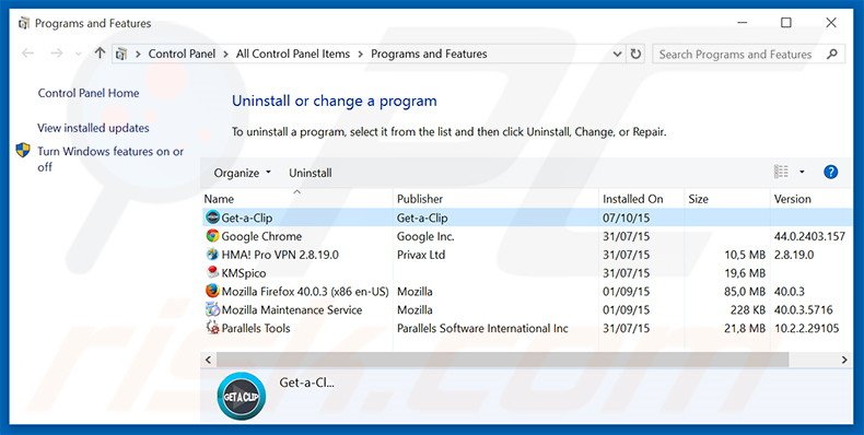 desinstale o adware Get-a-Clip via Painel de Controlo