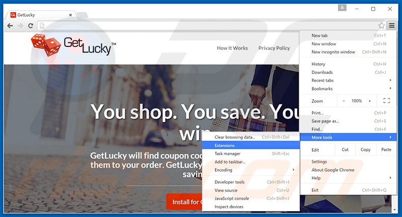 Removendo os anúncios GetLucky do Google Chrome passo 1