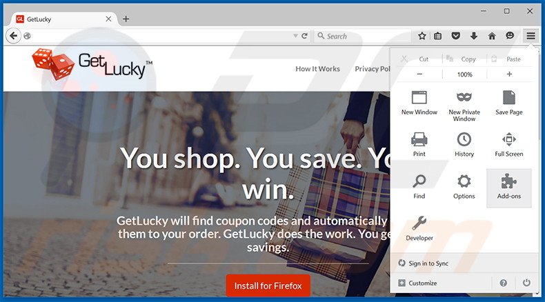 Removendo os anúncios GetLucky do Mozilla Firefox passo 1