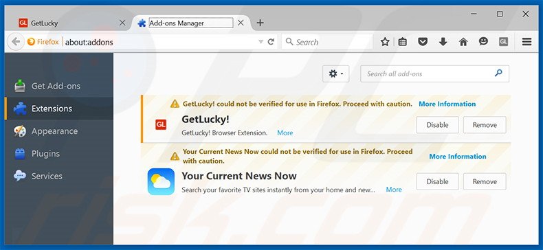Removendo os anúncios GetLucky do Mozilla Firefox passo 2