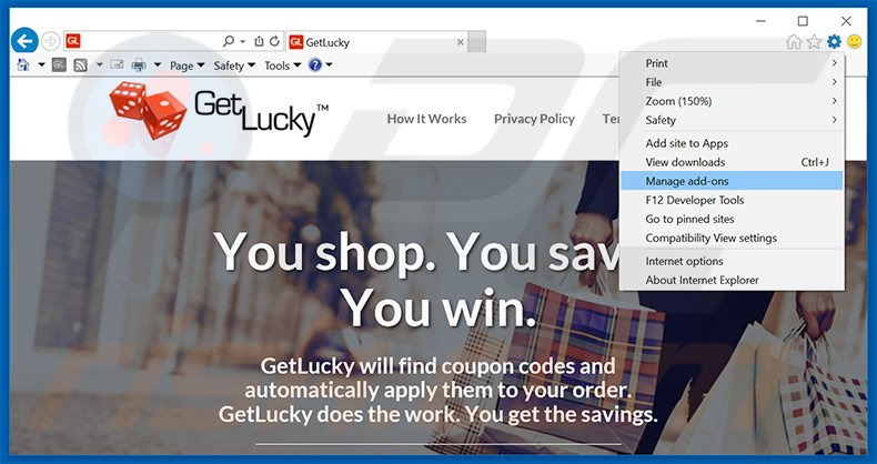 Removendo os anúncios GetLucky do Internet Explorer passo 1