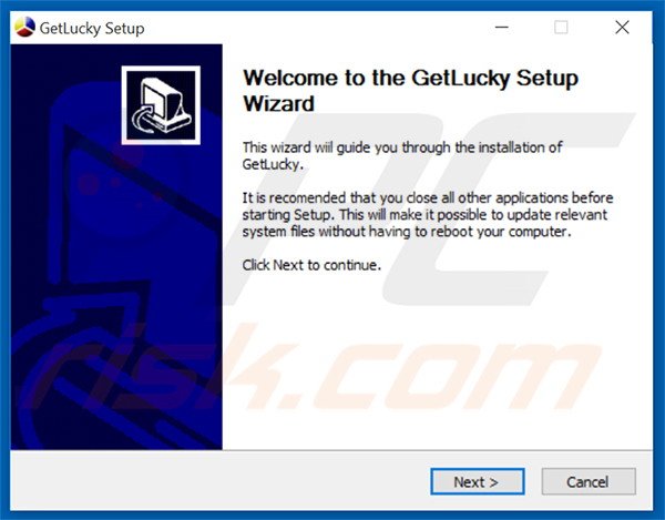 Configuração da instalação do adware GetLucky