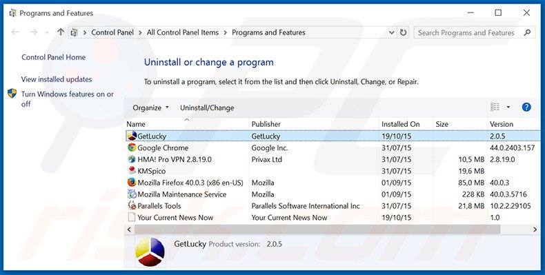 desinstalar o adware GetLucky via Painel de Controlo