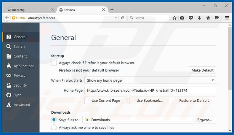 Removendo a página inicial kilo-search.com do Mozilla Firefox