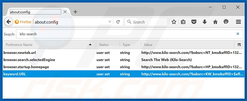 Removendo a página inicial kilo-search.com e motor de busca padrão do Mozilla Firefox