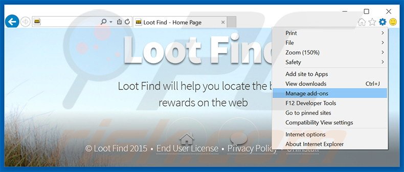 Removendo os anúncios Loot Find do Internet Explorer passo 1
