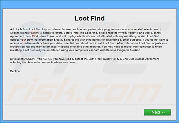 Configuração da instalação do adware Loot Find oficial